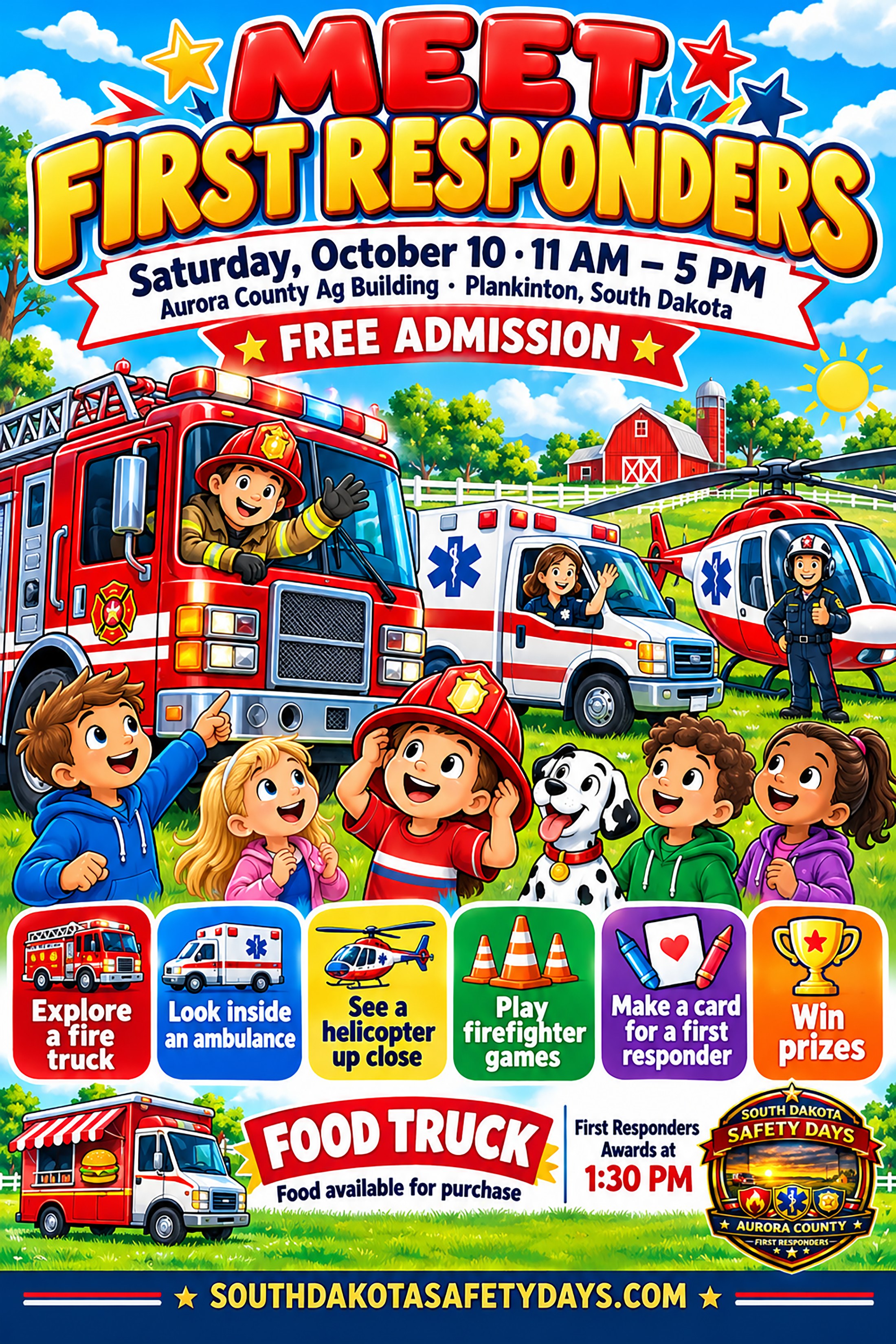 Meet First Responders kids flyer for Saturday October 10, 2026 at the Aurora County Ag Building, free admission