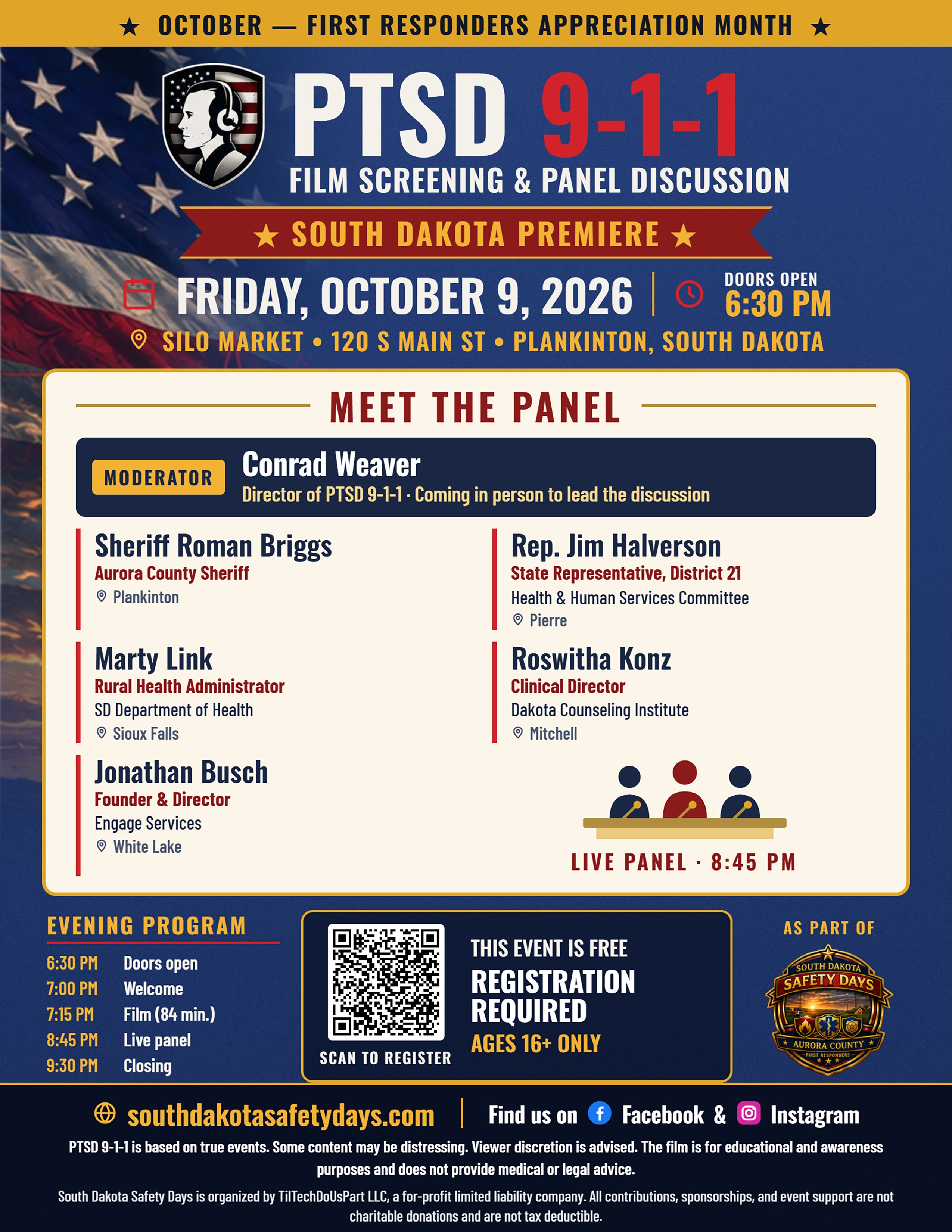 PTSD 9-1-1 film screening and panel discussion flyer for Friday October 9, 2026 at Silo Market, with panelist names