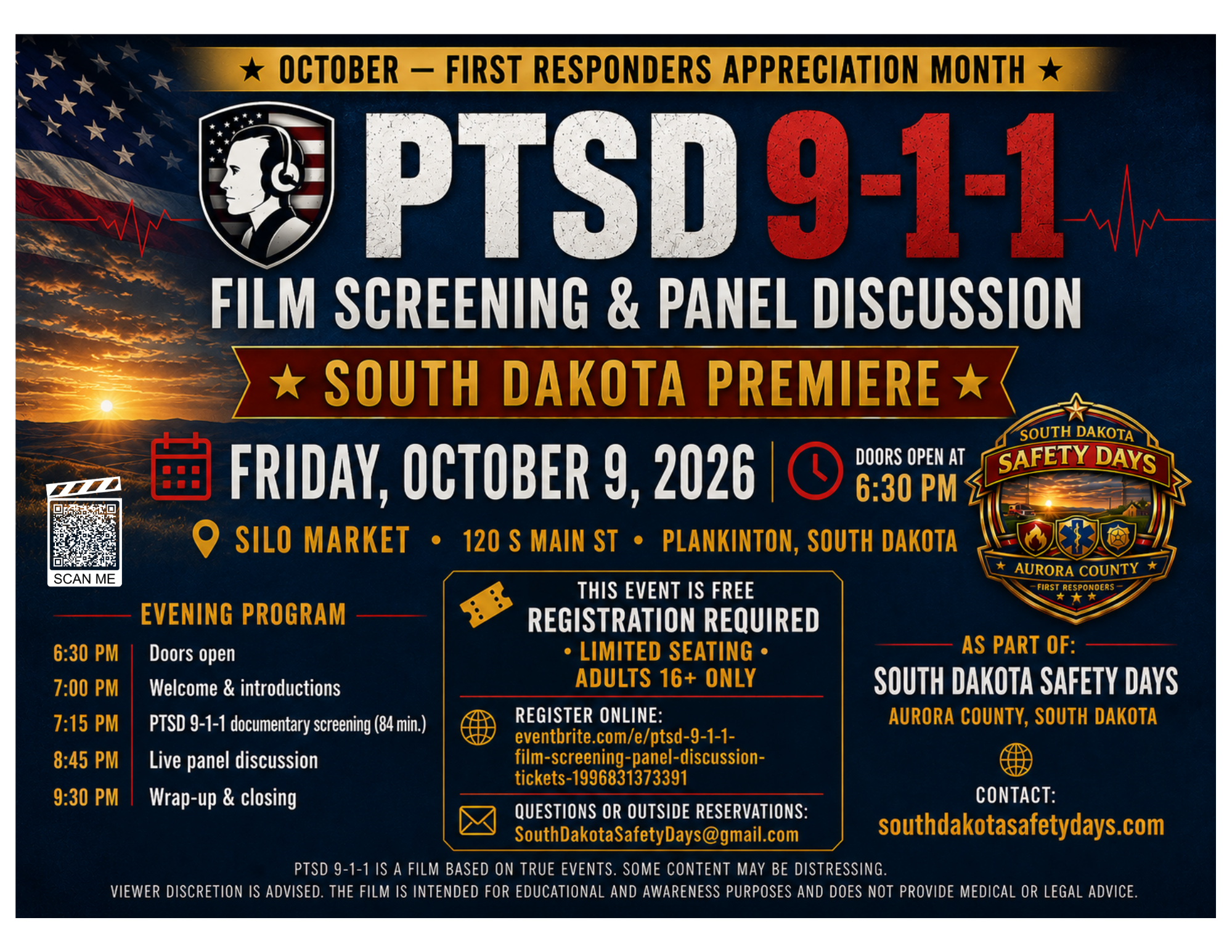 PTSD 9-1-1 film screening flyer for Friday October 9, 2026 at Silo Market