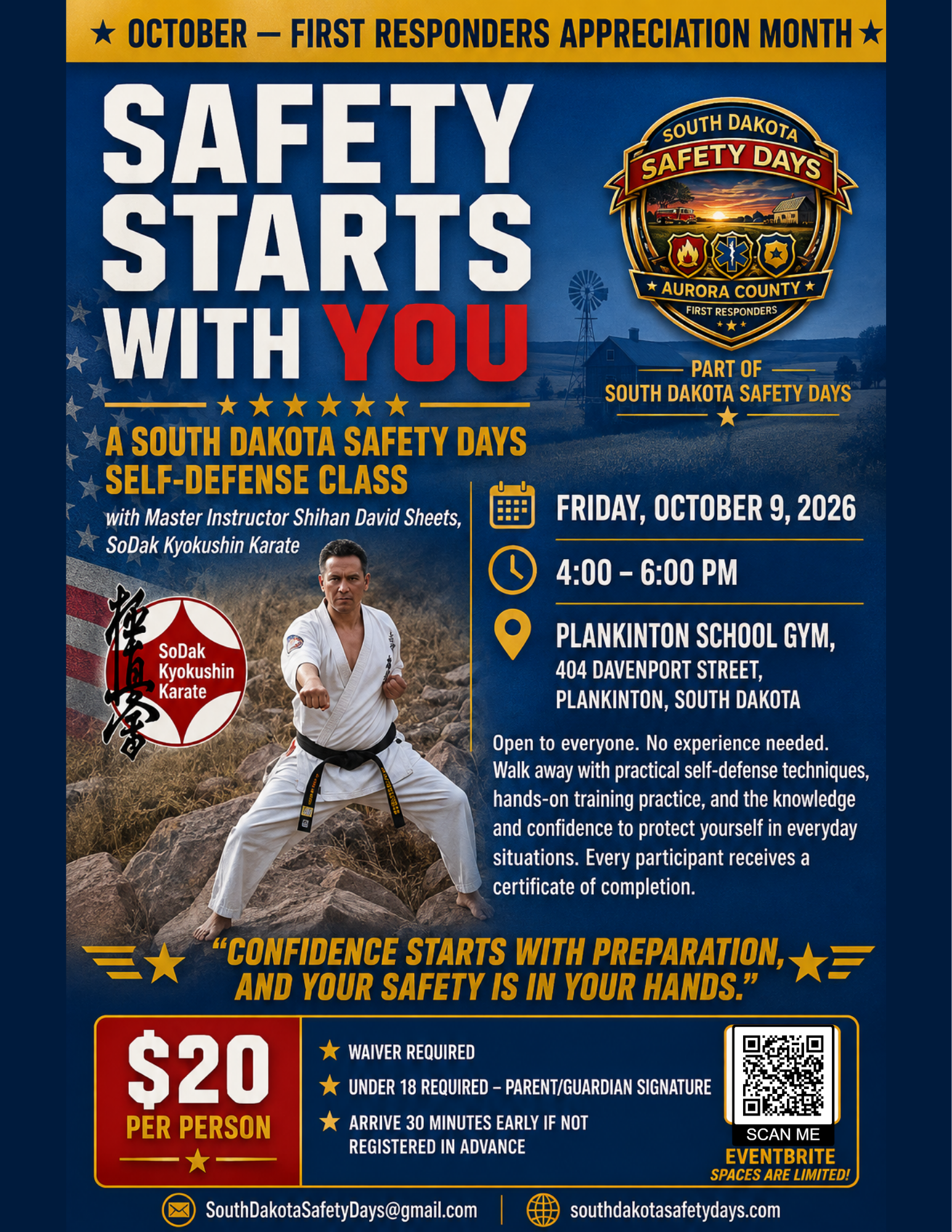Self-defense class flyer for Friday October 9, 2026 at Plankinton School Gym