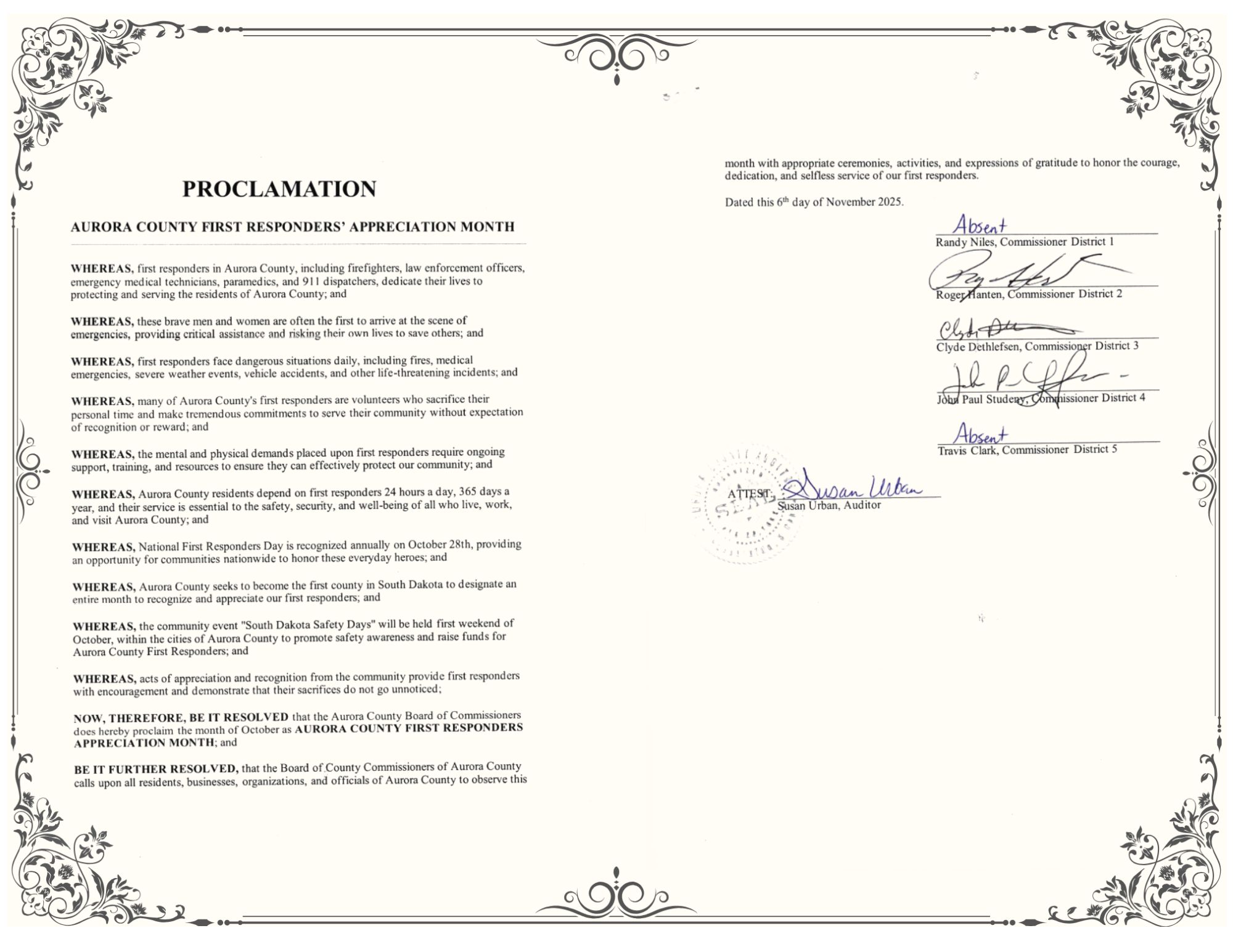 Aurora County proclamation designating October as First Responders Appreciation Month