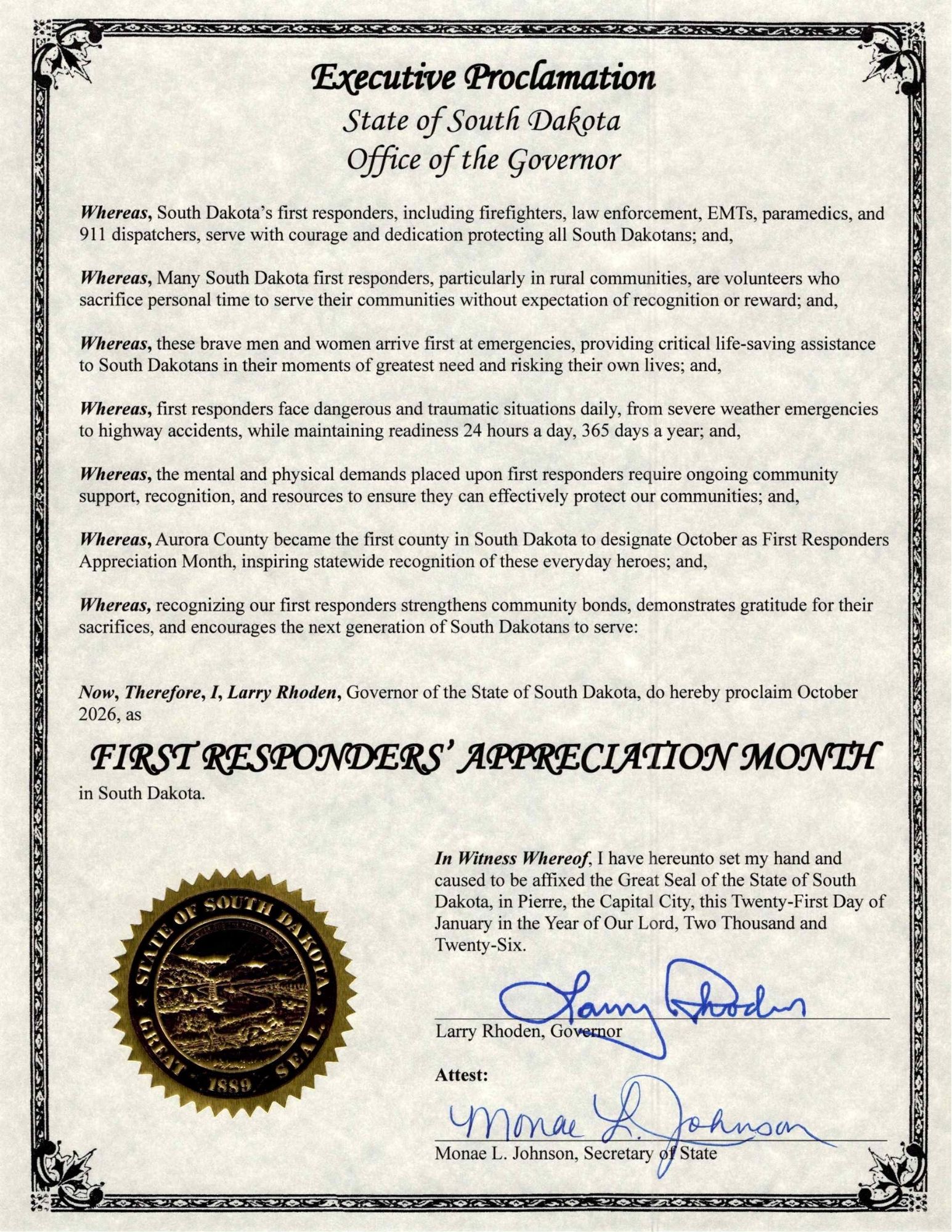 State of South Dakota proclamation signed by Governor Larry Rhoden